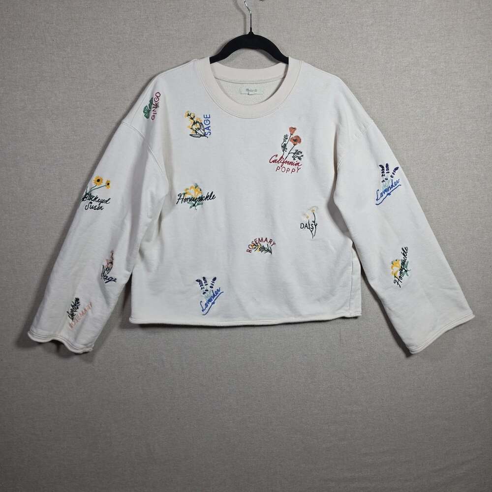 Madewell Botanical embroidered sweatshirt top womens Medium rolled hem cottage